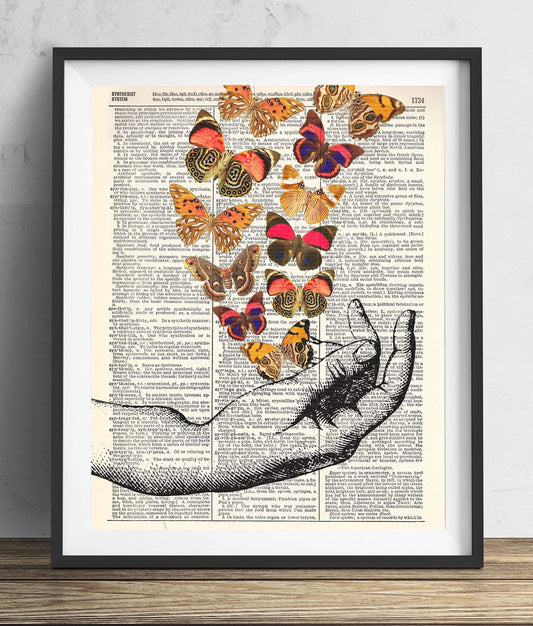 Hand With Butterflies (#2), Vintage Dictionary Art Print, Antique Wall Art Home Decor, Modern Boho Poster, Farmhouse Decoration Living Room Bedroom Office 8x10 Inches, Ready To Frame