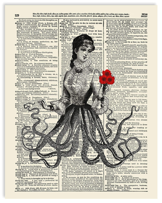 Victorian Octopus Lady Vintage Dictionary Art Print, Antique Wall Art Home Decor, Modern Boho Poster, Farmhouse Decoration Living Room Bedroom Office 8x10 Inches, Ready To Frame