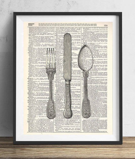 Silverware Illustration Vintage Vintage Dictionary Art Print, Antique Wall Art Home Decor, Modern Boho Poster, Farmhouse Decoration Living Room Bedroom Office 8x10 Inches, Ready To Frame