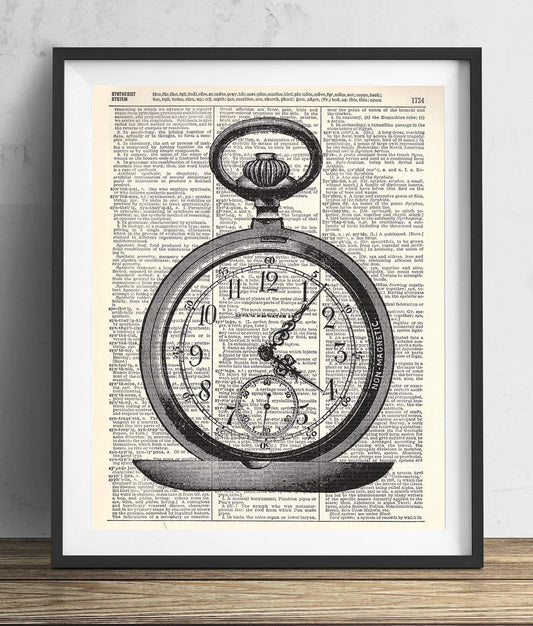 Vintage Pocket Watch Illustration (#1) Vintage Dictionary Art Print, Antique Wall Art Home Decor, Modern Boho Poster, Farmhouse Decoration Living Room Bedroom Office 8x10 Inches, Ready To Frame