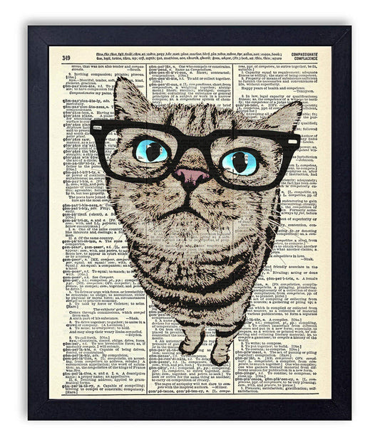 Kittie Blue Eyes With Black Glasses Cat, Vintage Dictionary Art Print, Antique Wall Art Home Decor, Modern Boho Poster, Farmhouse Decoration Living Room Bedroom Office 8x10 Inches, Ready To Frame