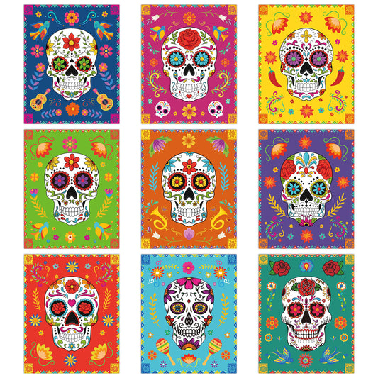 Haooryx 9Pcs Day Of The Dead Wall Art Poster Print Decoration, Mexican Day of The Dead Fiesta Party Sugar Skull Decor HD Printed Art Prints Poster for Home Living Room Bedroom Office Home Wall Decor