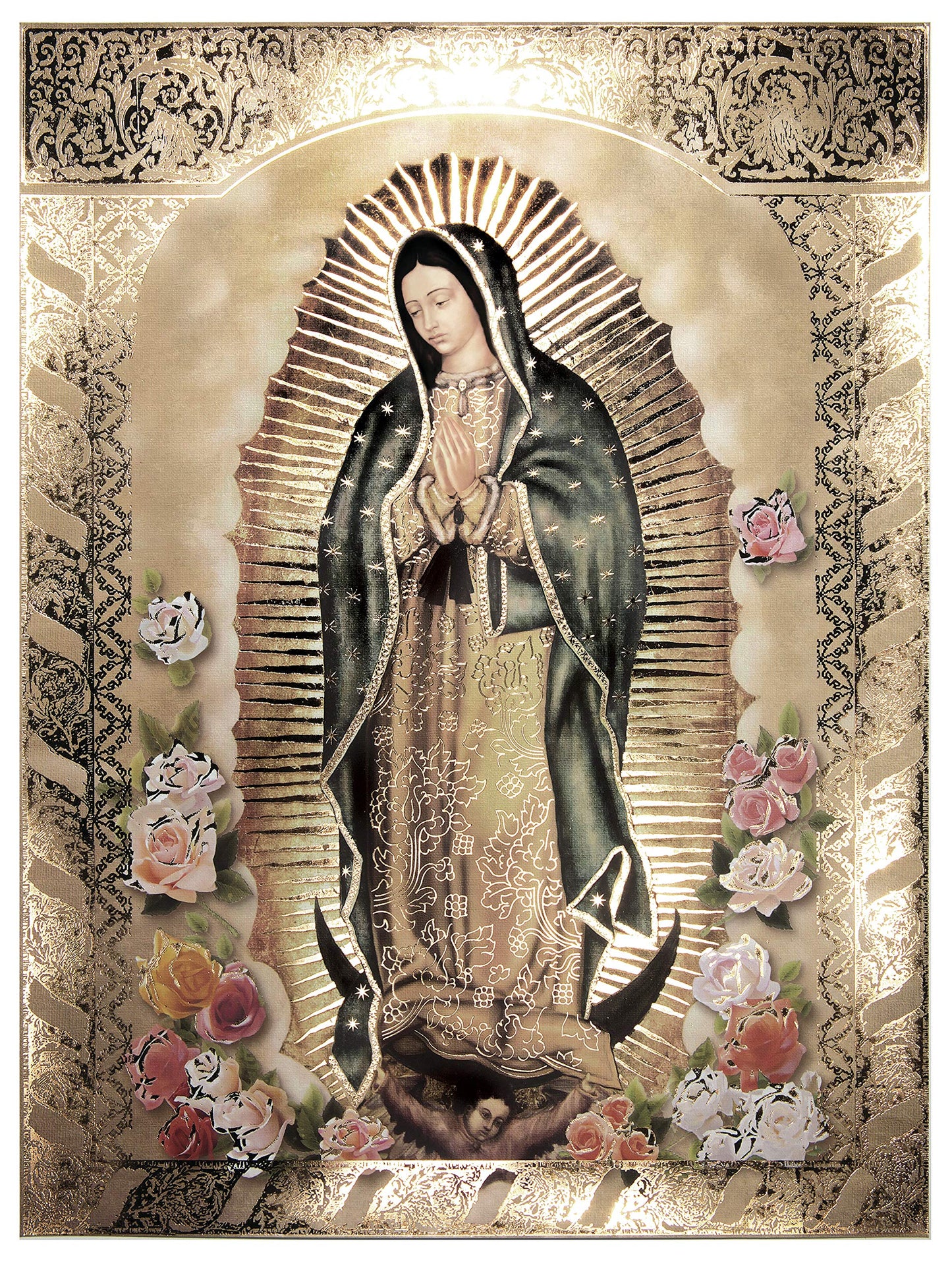 Our Lady of Guadalupe Body Portrait Roses (8"x10") Gold Foil - Religious Wall Art Laminated Print Unframed Poster Home Decoration Arte Diseño Piezas Maestras