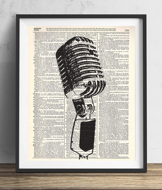 Vintage Microphone Illustration Vintage Dictionary Art Print, Antique Wall Art Home Decor, Modern Boho Poster, Farmhouse Decoration Living Room Bedroom Office 8x10 Inches, Ready To Frame