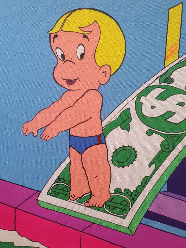 Money Dive: A Unique and Colorful Canvas Art Piece by FFUR, Featuring Richie Rich's Adventurous Leap