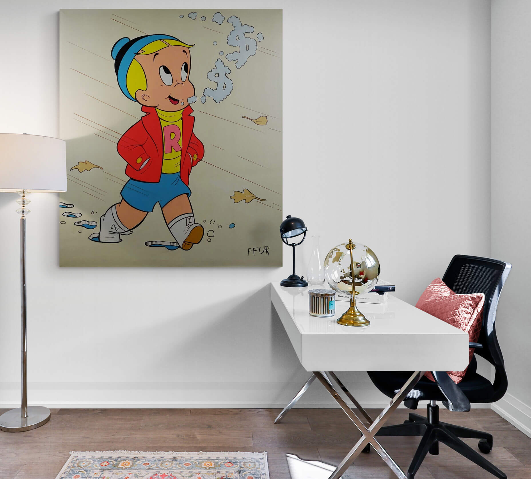 Large Canvas Art "Cool Walk" by Artist: This eye-catching piece of artwork features a stylized figure in motion against a bright, abstract background. The large size of the canvas makes it perfect for creating a bold focal point in any room by FURR