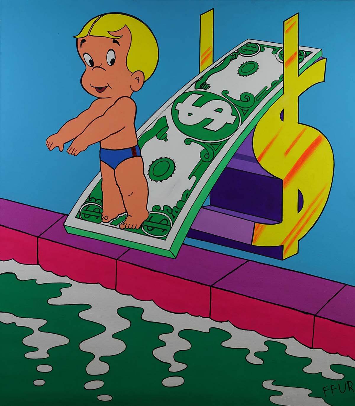 Original Money Dive artwork by FFUR with bold financial-freedom imagery and saturated pop-art colour