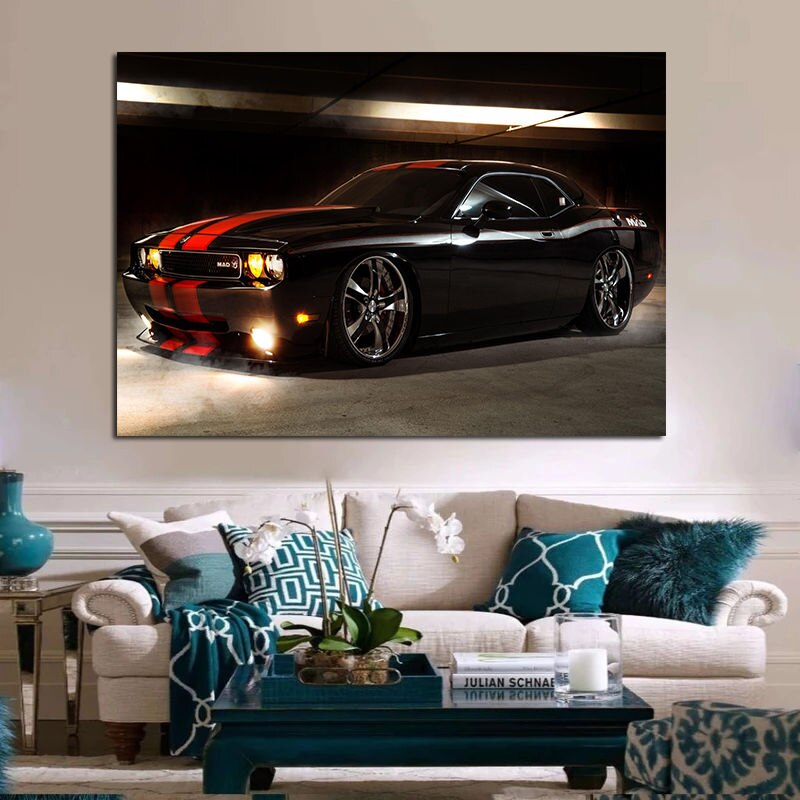Wall Art Canvas Poster Painting Black Dodge Challenger