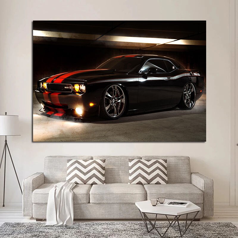 Wall Art Canvas Poster Painting Black Dodge Challenger