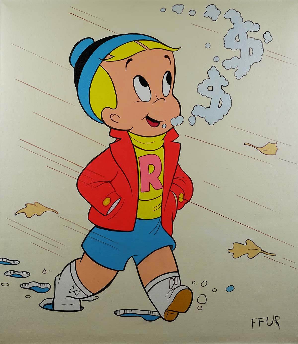 Cool Walk" Canvas Wall Art: A modern and vibrant piece of art featuring a stylized figure in motion against a bright blue background by FFUR