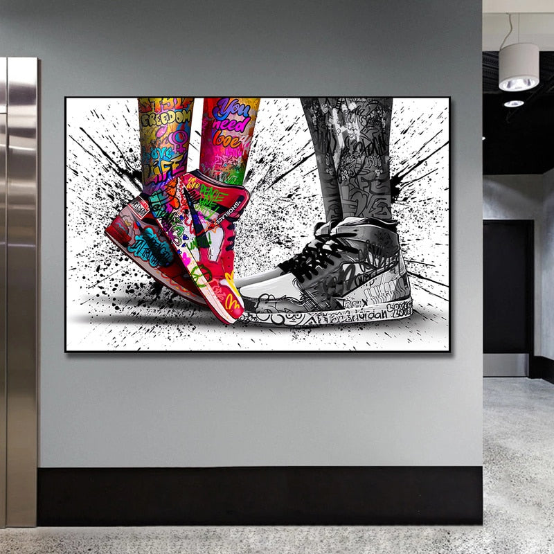 Bold and colorful wall art of sneakers and graffiti