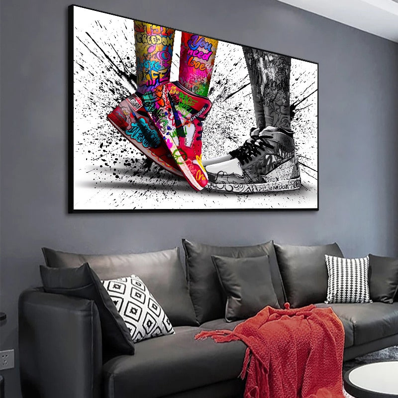 Dynamic composition of sneaker and graffiti canvas print
